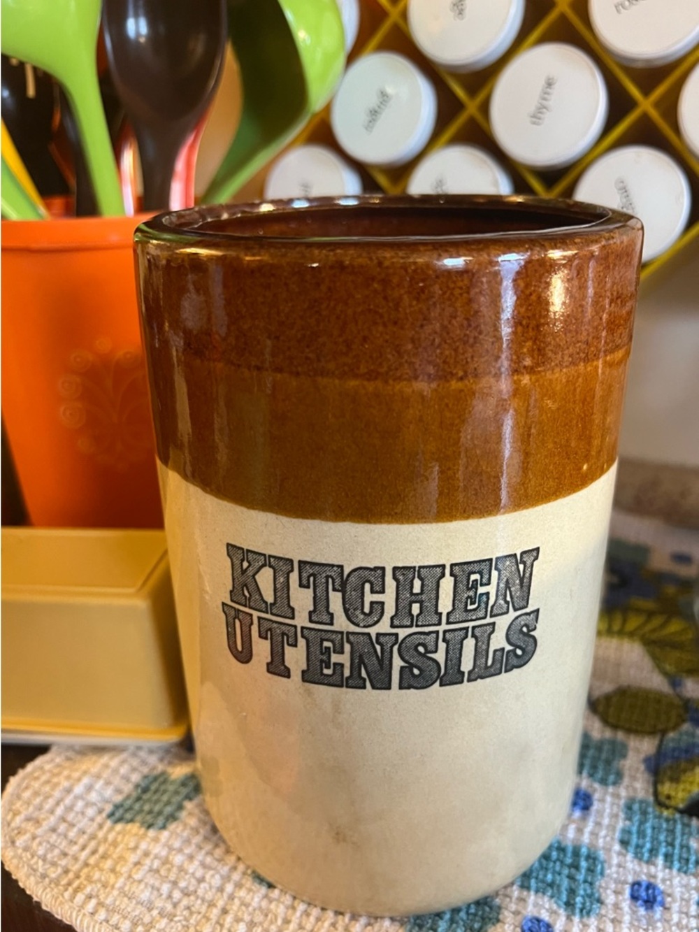 70s Brown and Cream Kitchen Utensil Holder